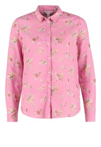 Chemise rose à manches longues avec boutons, fabriquée en tissu léger, présentant un motif floral avec de petites fleurs multicolores dispersées sur toute la surface.