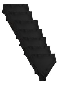 Črne spodnje hlačke z visokim pasom, gladka tkanina, brezšivna zasnova, elastični pas, zložene v vrsto, z enakim rezom in slogom.