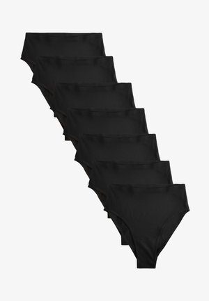 Schwarze, hoch taillierte Unterwäsche aus glattem Stoff, nahtloses Design, elastischer Bund, in einer Reihe gestapelt, mit einheitlichem Schnitt und Stil.