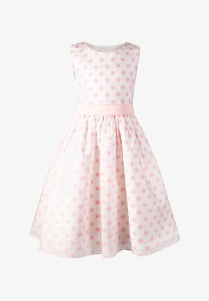 Ärmelloses weißes Kleid mit rosa Punkten, tailliertem Schnitt und gerafftem, voluminösem Rock.