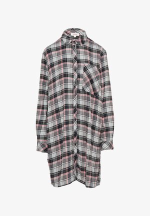 Geruite shirt in grijs, zwart en roze. Kenmerken zijn lange mouwen, een kraag, sluiting met knopen aan de voorkant en een borstzak aan de linkerkant.