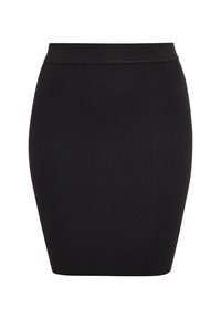 Zwarte geribbelde gebreide rok met een aansluitende silhoutte, voorzien van een brede, elastische tailleband en een gladde textuur. Ideaal voor veelzijdige styling.
