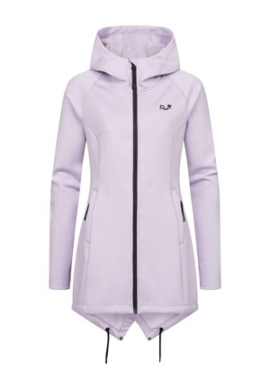 Light purple hooded jacket with a front zipper, black accents, two side pockets, and a unique asymmetric hem design. Soft fabric texture.