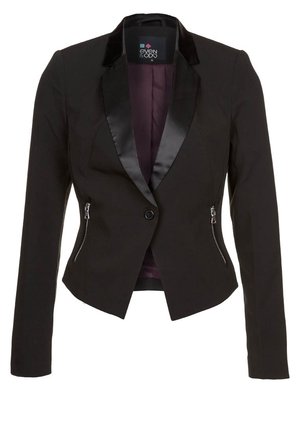 Czarny żakiet damski z satynowymi klapami, zapinany na jeden guzik, z dwoma przednimi kieszeniami na zamek oraz fioletową podszewką.