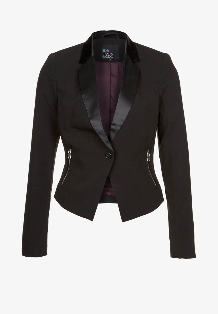 Veste blazer pour femme noire avec revers en satin, fermeture à un bouton, deux poches avant zippées et doublure intérieure violette.