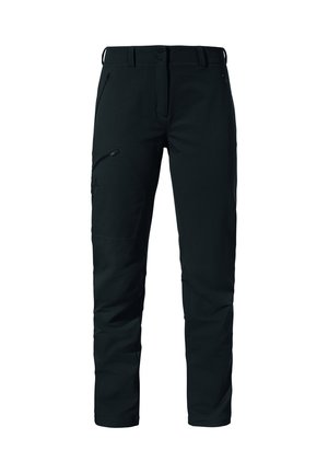 Pantalons noirs en tissu durable avec une coupe slim, comportant des poches latérales et frontales, et un détail zippé sur la cuisse gauche.