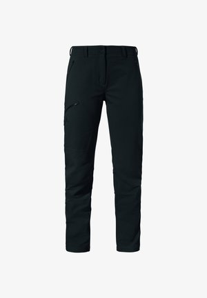 Zwarte broek van duurzame stof met een slim fit, voorzien van zij- en voorzakken, en een ritsdetail op de linker dij.
