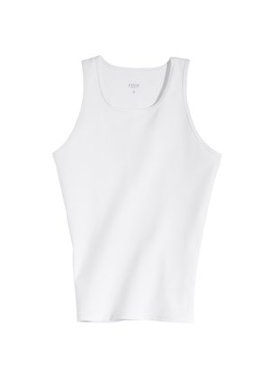 White tank top made of smooth cotton, featuring a round neckline and wide shoulder straps, with a clean, minimalist design.