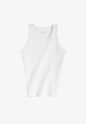 White tank top made of smooth cotton, featuring a round neckline and wide shoulder straps, with a clean, minimalist design.