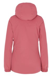 Rosa Kapuzenjacke mit glatter Textur, elastischen Bündchen und verstellbarem Bund. Verfügt über eine Rückenpasse und keine sichtbare Hardware.
