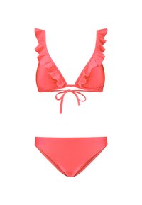 Koralbikini-set med en volangtop i triangelform med knytframtill och matchande botten. Slät tyg, enkelt design, inga synliga mönster.