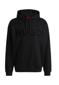 Schwarze Kapuzenjacke aus Baumwolle mit verstellbarem Kordelzug, ausgestattet mit einem großen, tonal gehaltenen "HUGO" Logo auf der Vorderseite und einer Kängurutasche.