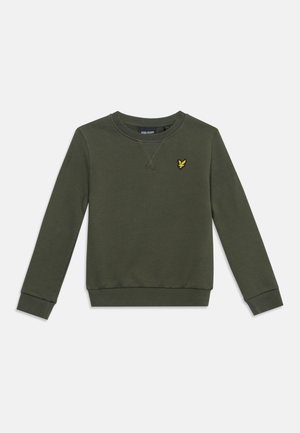 Sweat-shirt à col rond vert foncé à manches longues avec un petit logo d'oiseau jaune sur la poitrine gauche et des poignets et un ourlet côtelés.