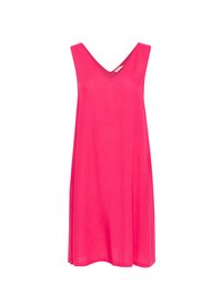 Robe sans manches rose avec un décolleté en V, en tissu léger, présente une coupe évasée et une texture douce.