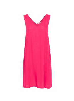 Abito senza maniche di colore rosa con scollatura a V, realizzato in tessuto leggero, presenta una forma ad A e una texture liscia.