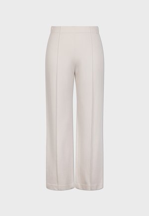 Light beige wide-leg pants made of soft fabric, featuring a smooth texture, structured seams, and a simple waistband design.
