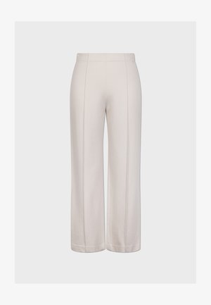 Kapelevat housut kevyestä beigeestä kankaasta, jossa on sileä pinta. Ominaisuuksiin kuuluu kaksi pystysuoraa saumaa ja yhtenäinen, siisti leikkaus helman kohdalla.