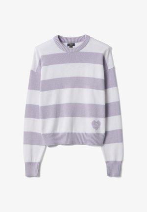 Trui met lange mouwen en ronde hals, met lavendel- en witte horizontale strepen en een klein lavendelhartje bij de zoom.