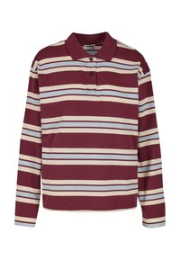 Pitkähihaisessa polo-paidassa on viininpunainen pohja, jossa on vuorotellen beige ja vaaleansinisiä raitoja, kolmen napin lista ja kaulus.