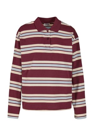 Polo triko s dlouhým rukávem v maroon barvě, se střídajícími pruhy béžové a světle modré, s tříknoflíkovou légu a límcem.