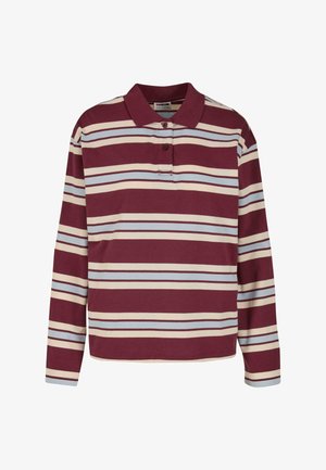 Ilga piedurkne polo krekls ar bordo pamatu, kurā ir pārmaiņus svītras bēšā un gaiši zilā krāsā, trīs pogu piegriezums un apkakle.