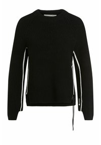 Maglione nero a maglia con scollo rotondo, zip laterali e strisce bianche decorative lungo le maniche; tessuto testurizzato, vestibilità comoda.