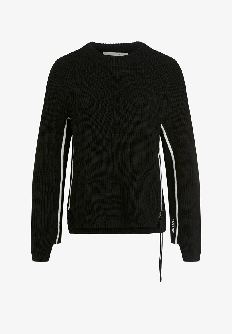 Maglione nero a maglia con scollo rotondo, zip laterali e strisce bianche decorative lungo le maniche; tessuto testurizzato, vestibilità comoda.