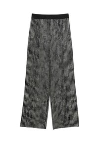Wide-leg trousers with a black and white checked pattern, elastic waistband, and lightweight fabric, featuring a textured finish.