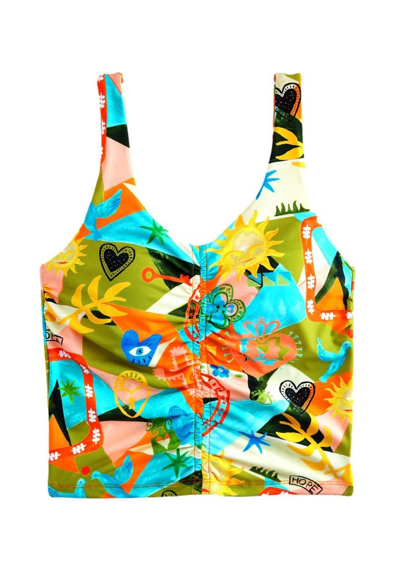 Maiou multicolor cu un mix de modele tropicale, în nuanțe de verde, roz, portocaliu și albastru. Confecționat din material neted, cu bretele subțiri.