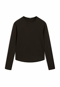 Black long-sleeve top made of ribbed fabric. Features a rounded neckline and a slightly cropped hem. Simple, seamless design.