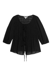 Schwarze Bluse mit lässiger Passform, die mit Rüschendetails, einem Rundhalsausschnitt und Bindebändern vorne sowie an den Ärmeln versehen ist.