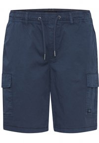 Pantaloni scurți cargo de culoare bleumarin, realizați dintr-un material ușor, având o talie cu șnur, buzunare laterale și un eticheta de marcă cusută pe piciorul inferior.