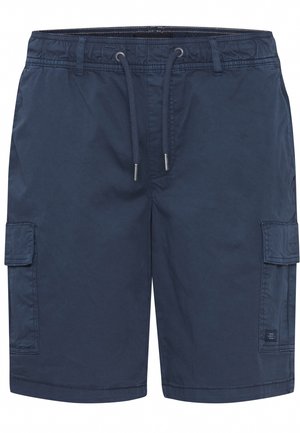 Tumši zili kravas šorti, izgatavoti no viegla auduma, ar regulējamu jostas vietu, sānu kabatām un izšūtu zīmola uzlīmi uz apakšējās kājas.