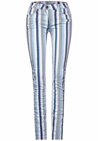 Randiga byxor med vertikala linjer i blått, vitt och lavendel. Har en figursydd design, framfickor och knäppning i midjan.