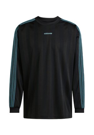 Melnā garas piedurknes krekls ar ribotu apkakli, kurā katrā piedurknē ir trīs tirkīza svītras un uz krūtīm ir Adidas logotips.