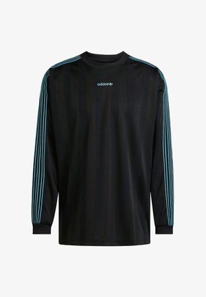 Black long-sleeve shirt with ribbed collar, featuring three turquoise stripes on each sleeve and an Adidas logo on the chest.