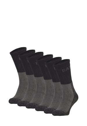 Black and gray socks in a pack of six. Ribbed knit design with a dark top and lighter striped midsection, featuring logo detail at the cuff.