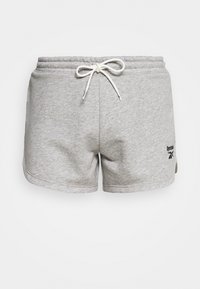 Harmaat puuvillashortsit, joissa on joustava vyötärö ja säädettävä nyöri. Vasemmassa etuosassa on Reebok-logo. Pehmeä rakenne.