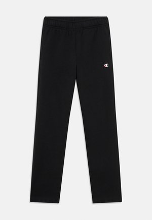 Pantalones de chándal negros de mezcla de algodón, con una cintura elástica y un pequeño logo bordado en rojo y blanco en la pierna izquierda.