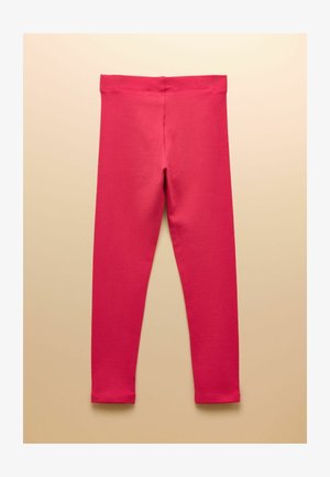 Helle pinke, knöchellange Leggings mit elastischem Bund, flach auf einem hellbeigen Hintergrund liegend dargestellt.