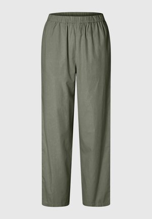 Lekkie, oliwkowe spodnie z elastycznym pasem, prostymi nogawkami i miękką teksturą, idealne do codziennego użytku.