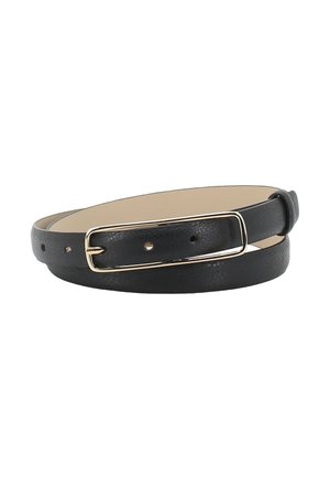 Black leather belt with a textured finish, featuring a slim design and a rectangular gold-tone metal buckle. Includes multiple adjustment holes.
