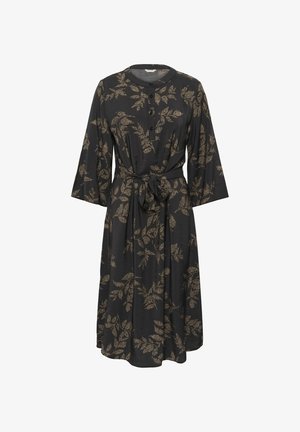 Zwarte jurk met een goudbladpatroon, ronde halslijn, knoopdetails, driekwart mouwen en een strik taille voor een definitieve vorm.