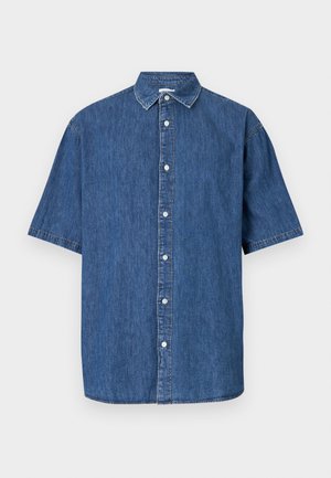 Short-sleeve denim shirt in dark blue. Features a button-up front, classic collar, and stitched detailing along the edges.