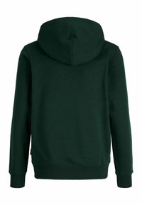 Sweat à capuche vert foncé vu de dos avec manches longues et poignets et ourlet côtelés.