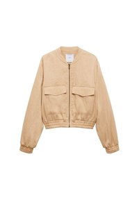 Jasnobrązowa kurtka bomberka z zamkiem błyskawicznym, dwoma przednimi kieszeniami, elastycznymi mankietami i krótkim krojem. Wykonana z gładkiej tkaniny o subtelnej fakturze.