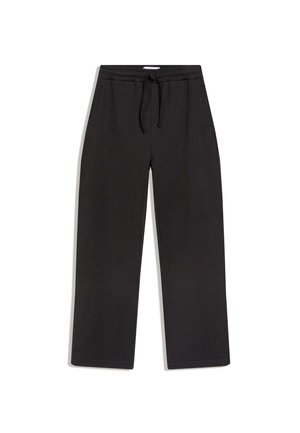 Sorte bukser med vide ben, elastisk talje og snøre, med sidelommer, lagt fladt på en hvid baggrund.