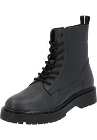 Bottine en cuir noir avec un bout rond, lacée à l'avant, surface texturée et semelle en caoutchouc épaisse et texturée. Présente une languette à l'arrière.