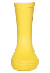 Bottillon de pluie en caoutchouc jaune avec une texture lisse, une forme arrondie et une semelle robuste. Présente un logo sur le côté et un bord supérieur roulé.