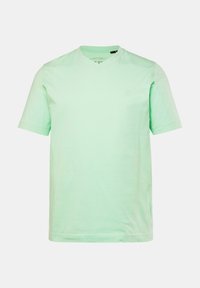 Camiseta de manga corta en verde menta hecha de algodón suave. Presenta un escote en V y un pequeño logo grabado en el lado izquierdo. Corte casual.